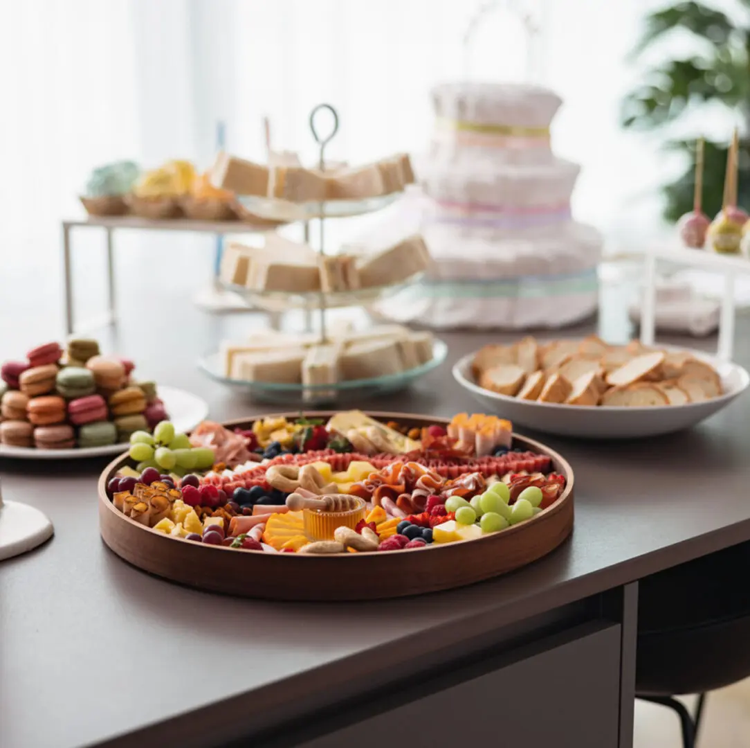 Assorted pastries and desserts on display table.